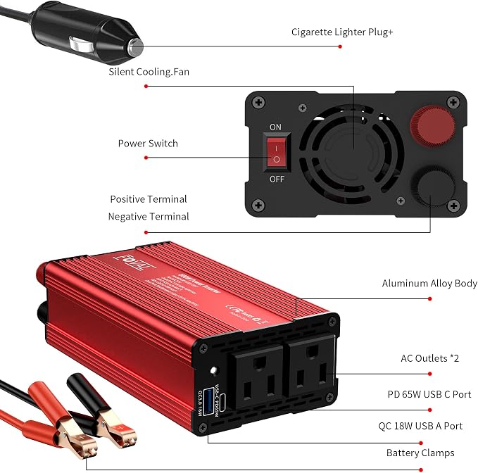 FOVAL 600W Power Inverter 12V DC to 110V AC Car Plug Adapter Outlet Converter - Image 8