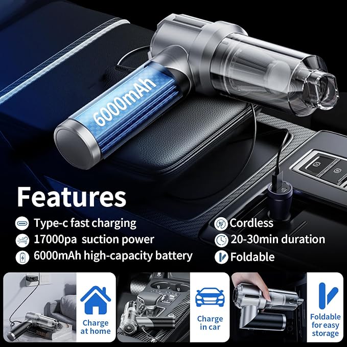 Car Vacuum, Portable & Foldable 21000PA & Air Duster, Cordless Handheld - Image 4