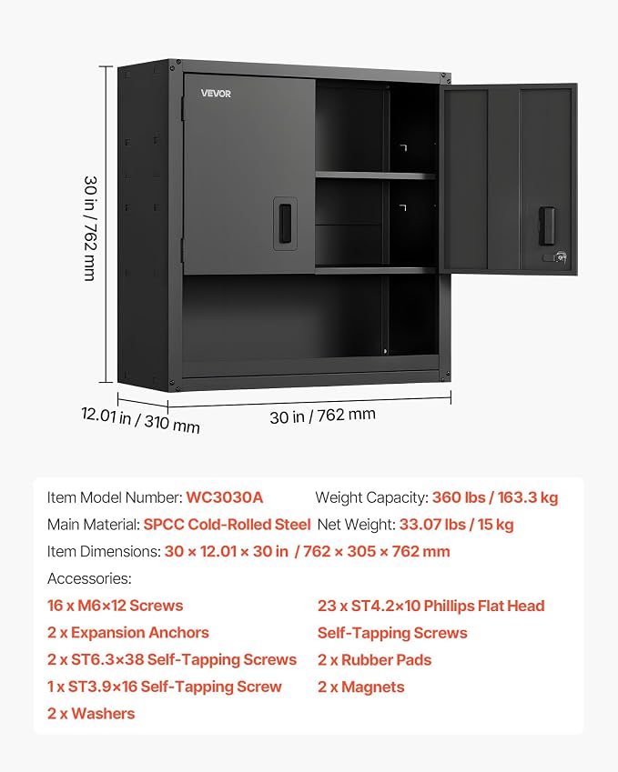VEVOR Metal Wall Cabinet, 30W x 12.01D x 30H Inch, Steel Floating Hanging - Image 8
