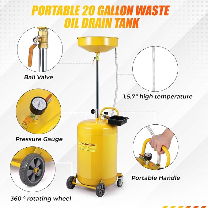 20 Gallon Waste Oil Drain Tank Portable Air Operated Oil Drainer - Image 3