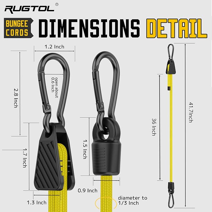 Bungee Cords with Hooks, 36 Inch Adjustable Yellow Bungee Cords with Carabiner - Image 5
