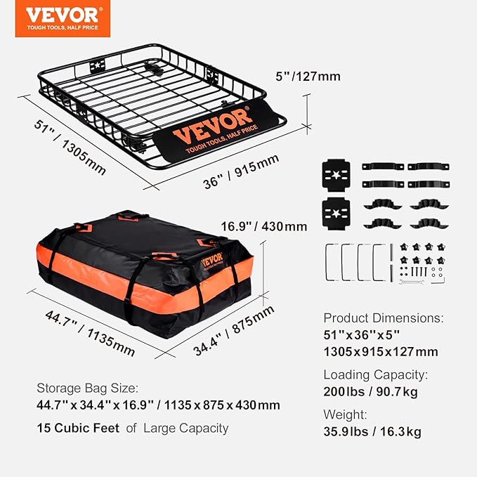 VEVOR Roof Rack Cargo Basket, 200 LBS Capacity Universal Rack Carrier - Image 7