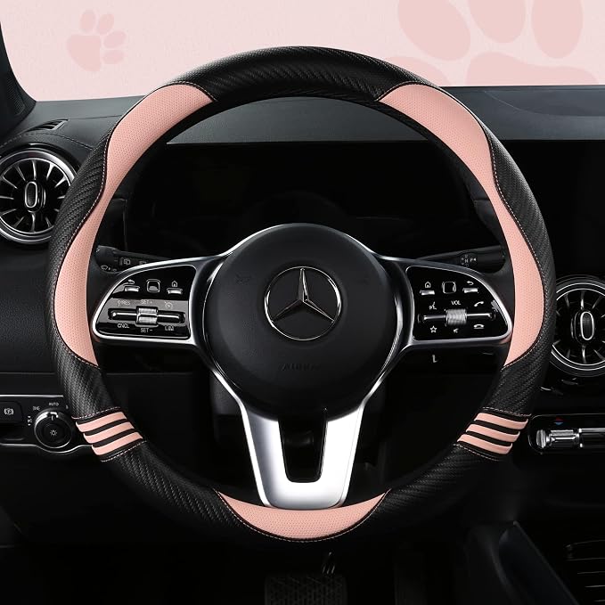 Car Steering Wheel Covers for Women Padded Carbon Fiber PU Leather Cute Auto by HighnessHwoo