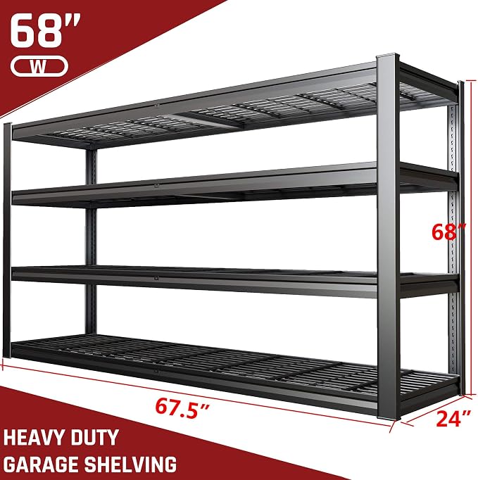 68" W Garage Shelving Unit, Heavy Duty Garage Storage Shelves, 4 Tier Storage - Image 3