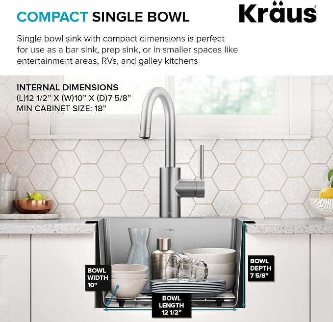 KRAUS Fairlane 15-inch Drop In/Top Mount Single Bowl 18-Gauge Stainless Steel - Image 8
