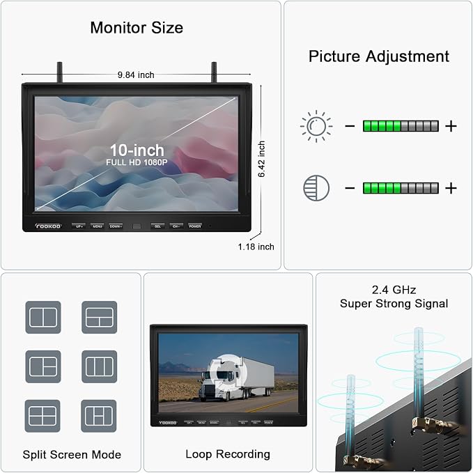 Fookoo 1080P 10" Magnetic Wireless Backup Camera 10" HD Split Screen Monitor - Image 3