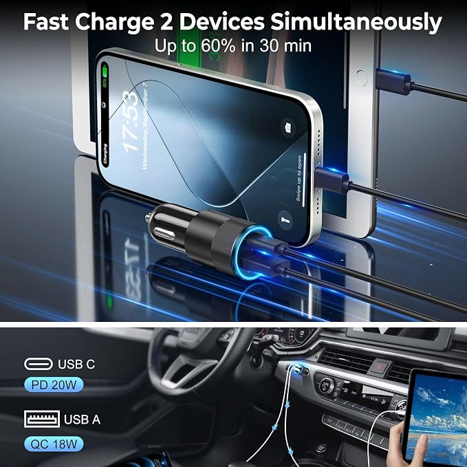 Car Charger USB C 3-Pack, Ancekoy 38W Dual Port PD + QC 3.0 Car Charger Adapter - Image 4