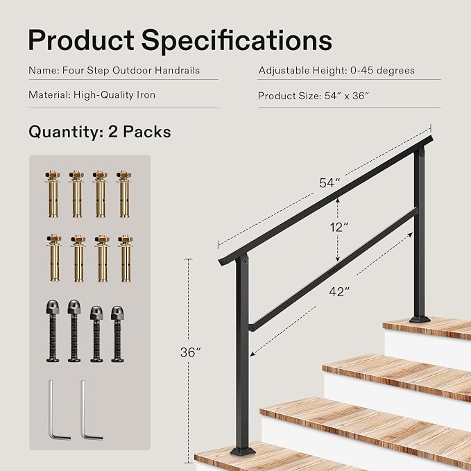 VIVOSUN 2-Pack Outdoor Handrail, 4 Step Stair Handrail, Wrought Mattle Iron - Image 2