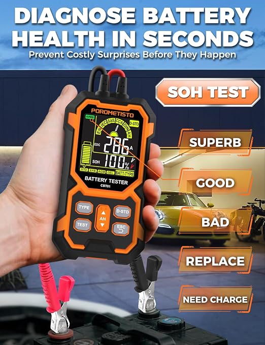 12V 24V Car Battery Tester, POROMETISTO CBT01 Automotive Battery Checker - Image 3