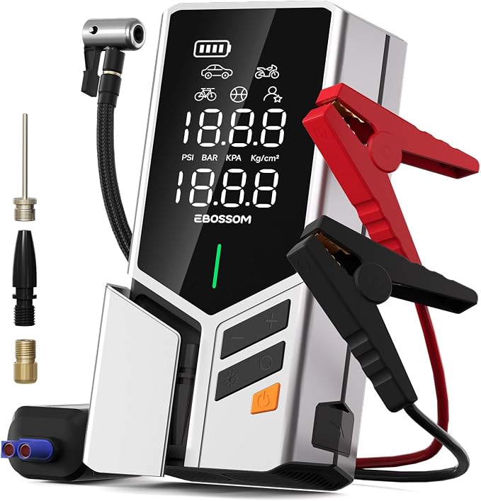 Portable Car Jump Starter with Air Compressor, 150PSI Tire Inflator with 44.4Wh by EBOSSOM