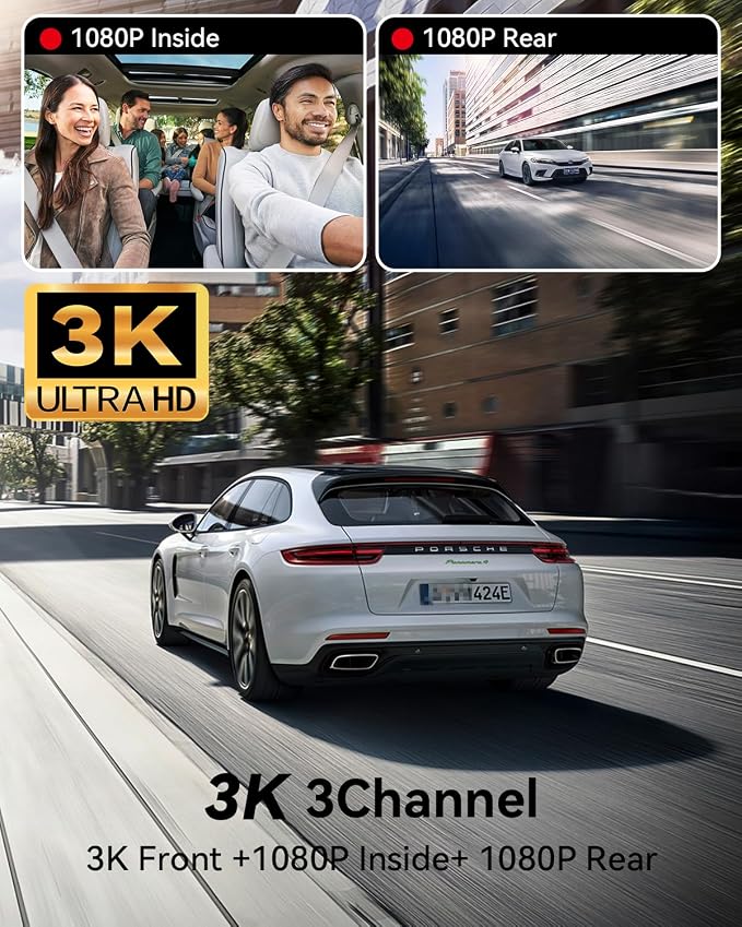 iiwey N7 3 Channel Dash Cam Front and Rear Inside 3K+1080P+1080P - Image 3