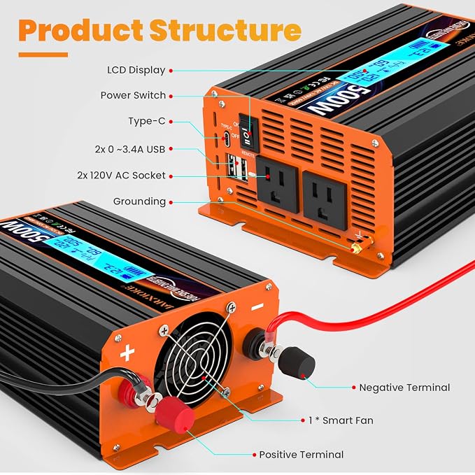 500 Watt Pure Sine Wave Power Inverter 12V DC to 110V 120V Converter - Image 7