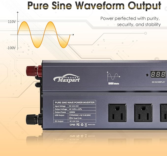 1000W Pure Sine Wave Inverter 12V DC to 120V AC Converter, 1000 Watts 12 Volt - Image 4