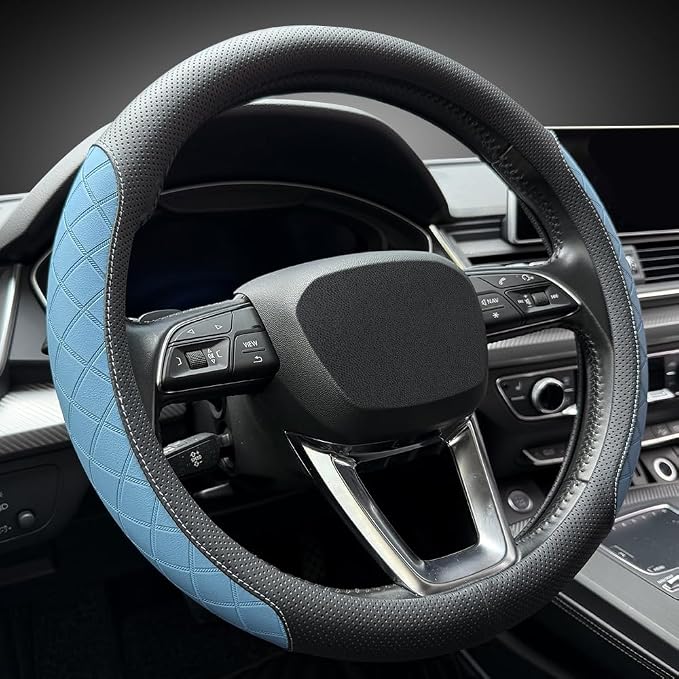 LKWLIKEI Nappa Leather Steering Wheel Cover, Elegant Diamond Checkered Design - Image 2