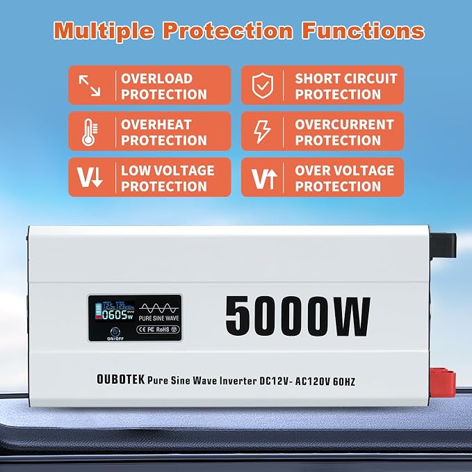 5000 Watts Power Inverter Peak 10KW, Pure Sine Wave 12V DC to 120V AC Off Grid - Image 8