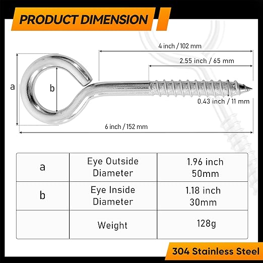 4Pcs 6 Inch Heavy Duty Screw Eyes Hooks, 304 Stainless Steel Self Tapping - Image 6