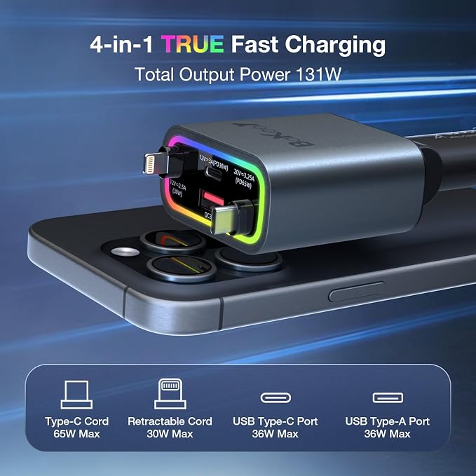 Retractable Car Charger 4 in 1, 131w Cigarette Lighter Adapter USB C, Type C - Image 2
