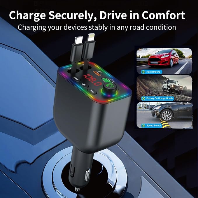Vitog Retractable Car Charger, Wireless Bluetooth 5.3 FM Transmitter 100W USB C - Image 5