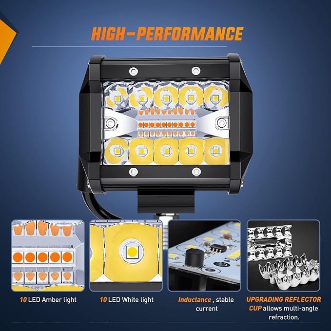 Nilight 2PCS 4Inch 60W LED Pods Spot Flood Amber White Light Bar Strobe 6 Modes - Image 7