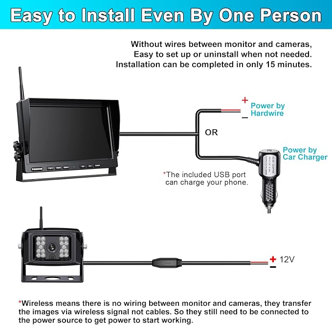 Fookoo 1080P 10" Wireless Backup Camera System, IP69 Waterproof Rear/Front View - Image 7