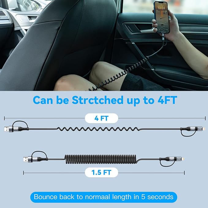 Coiled Lightning Cable 4 in 1 Multi Charging Cable 60W Fast Charging - Image 7