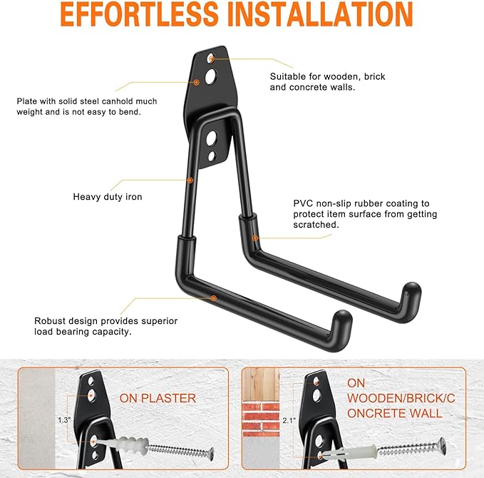 Heavy Duty Garage Hooks 4 Pack, 5.1 inch Medium U Shaped Hanger, Wall Mounted - Image 3