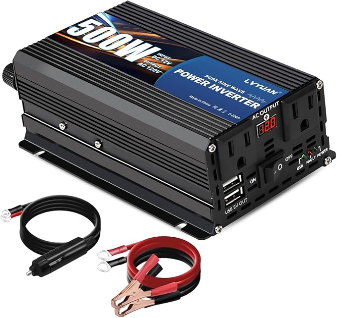 LVYUAN 500 Watt Pure Sine Wave Power Inverter 12V to 110V/120V DC to AC by LVYUAN
