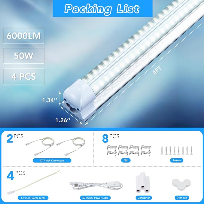 T8 LED Shop Lights 4FT, 4 Pack LED Garage Lights 50W 9600LM 6000K, Linkable - Image 5