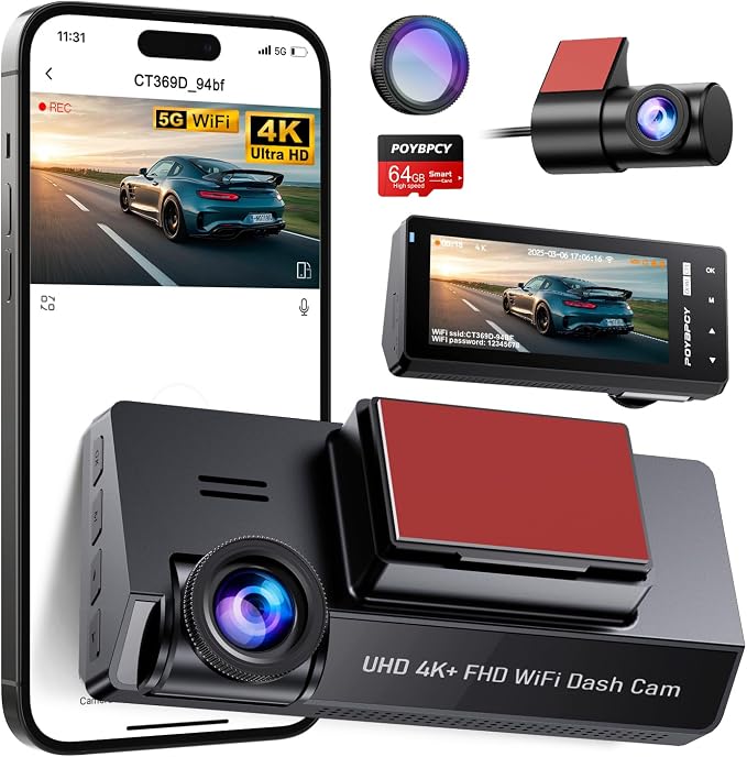 Dash Cam Front and Rear 5GHz WiFi Dashcam by POYBPCY