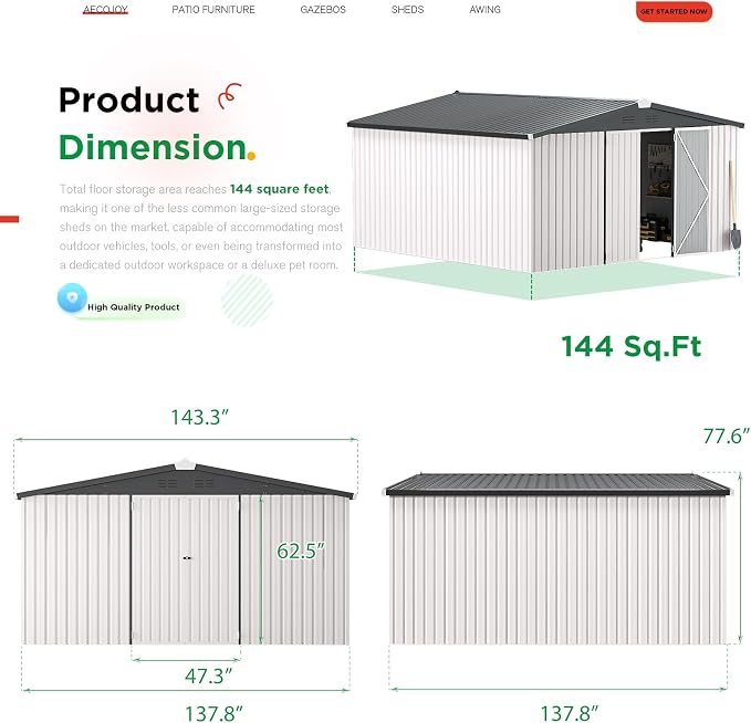 AECOJOY 12' x 12' Outdoor Storage Shed, Large Metal Sheds & Outdoor Storage - Image 6