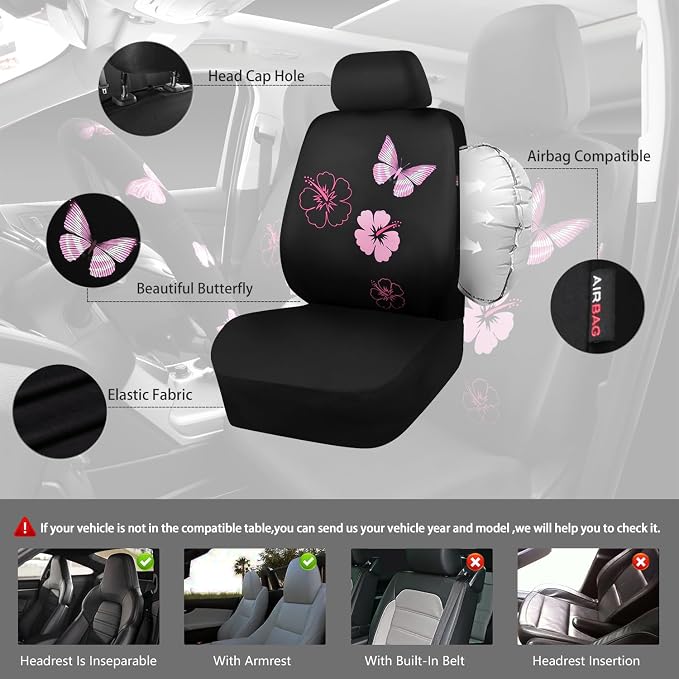 CAR PASS Universal Cloth Butterfly Car Seat Covers Full Set, Embroidered Flower - Image 5