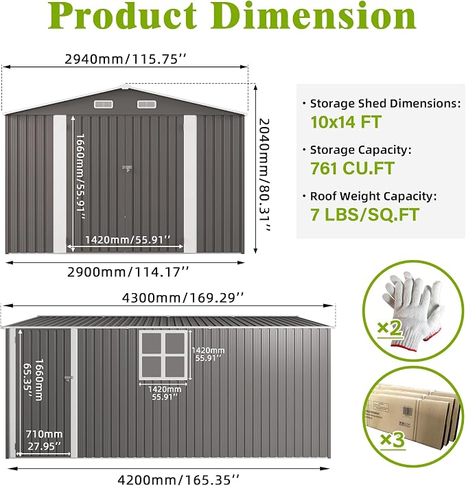 10 x 14 FT Large Outdoor Storage Shed w/ 2 Windows, Heavy Duty Metal Garden - Image 3