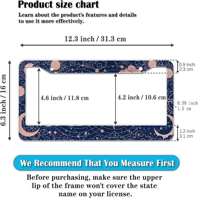 License Plate Frames for Women Blue License Plate Holder for Men Moon Sun - Image 2