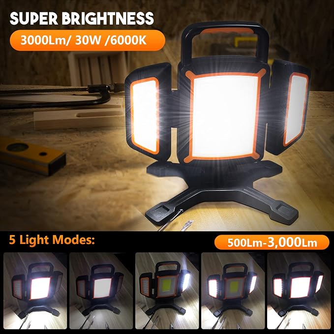 30W Rechargeable Work Light, 3000 Lumen Magnetic Work Light Battery Powered - Image 3