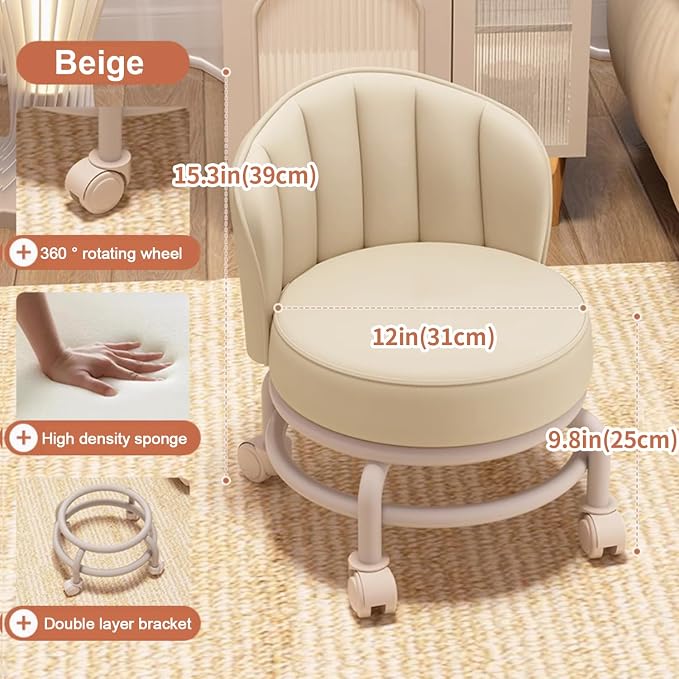 Low Rolling Stool with Backrest, Rolling Pedicure Seat, Low Stool with Wheels - Image 2