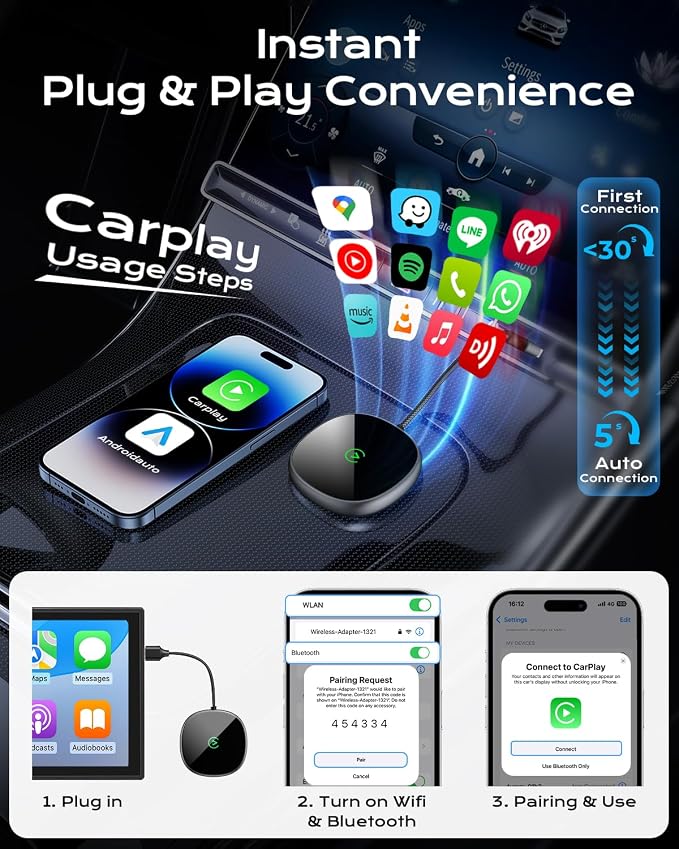 Wireless Carplay Adapter for iPhone & Android Auto 2-in-1, Plug & Play Low - Image 3