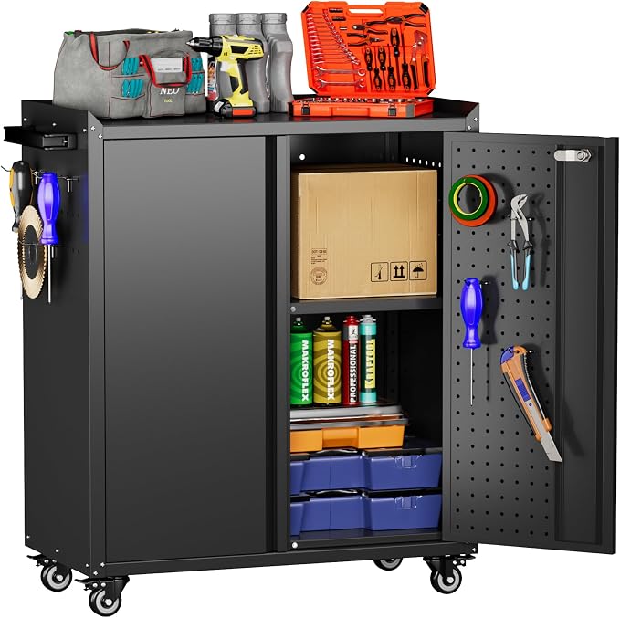 Garage Storage Cabinet with Wheels & Pegboard, 34.3" H Locking Metal Tool by GANGMEIMENTALSTORAGECABINET
