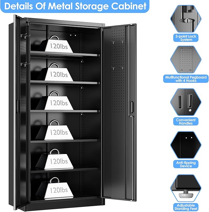 Metal Storage Cabinet with Pegboard 71'' x 34'' x 18'', Lockable Steel Storage - Image 4