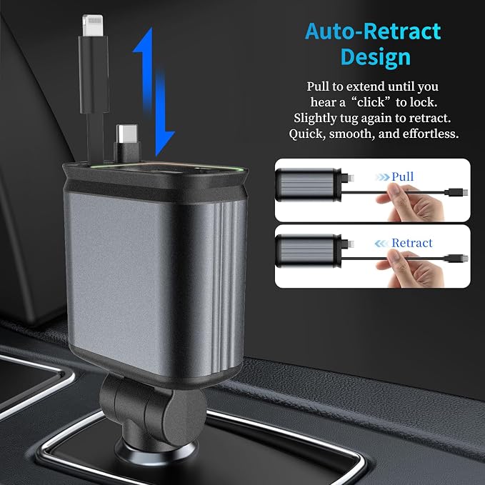 MLVOC Starlight Retractable 66W USB C Car Charger, 4-in-1 Fast Charging Adapter - Image 2