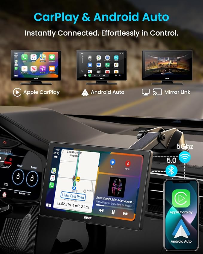 IK5 9" Wireless Apple CarPlay & Android Auto Screen, Portable Car Stereo - Image 2