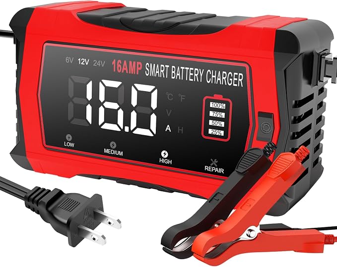16-Amp 24V/12V/6V Portable Car Battery Charger, Smart LiFePO4 Lithium Lead-Acid by YHCHKJ