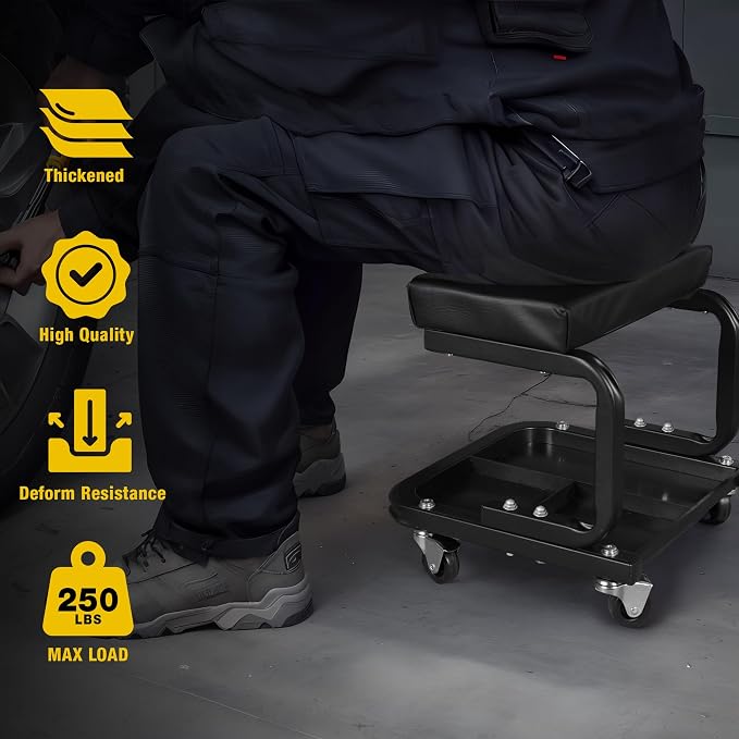YELLOW JACKET Mechanic Rolling Stool 250 Lbs Capacity, Garage Stool on Wheels - Image 2
