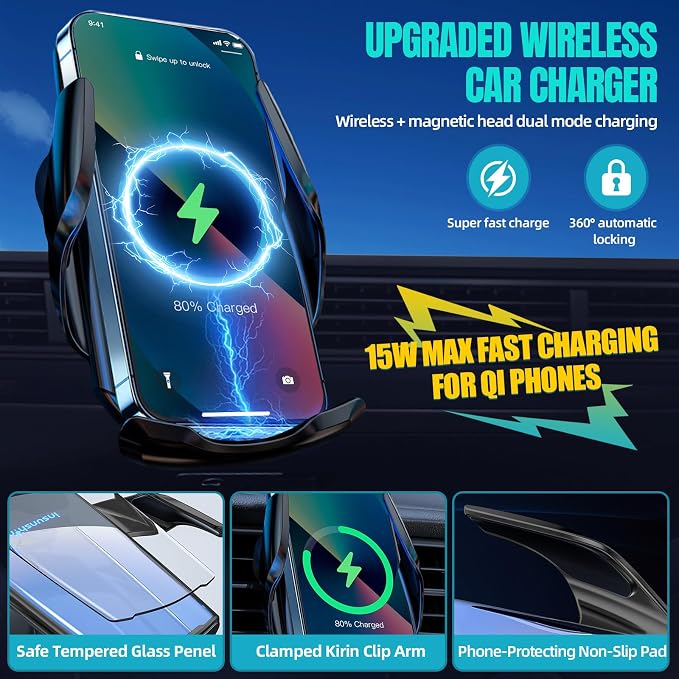 Wireless Car Charger, MAX 15W Fast Charging Auto Clamping, Sensing Phone Holder - Image 2
