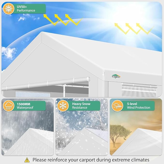 COBIZI Carport 10x20ft Heavy Duty Portable Garage, 2.0 Powder Coated Frame - Image 4