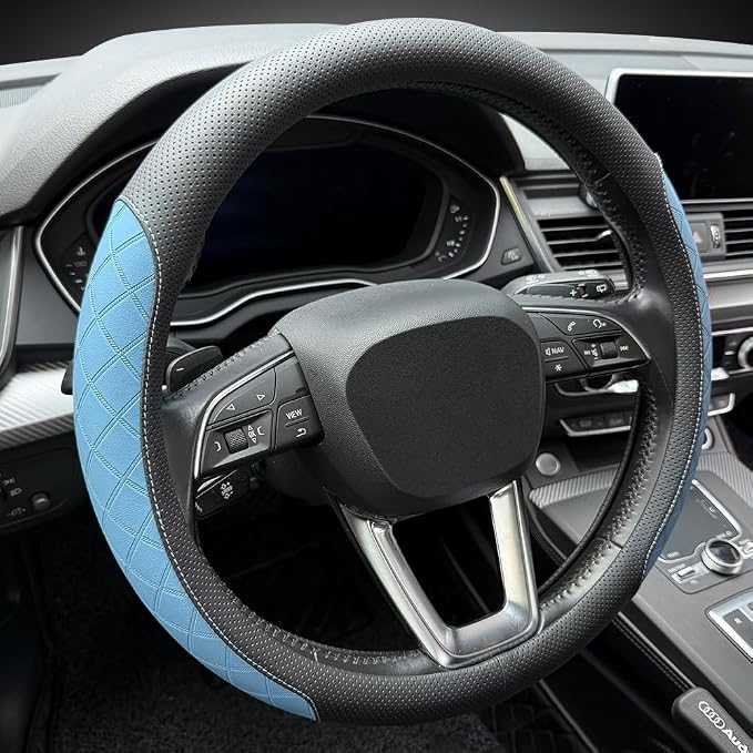 LKWLIKEI Nappa Leather Steering Wheel Cover, Elegant Diamond Checkered Design - Image 6
