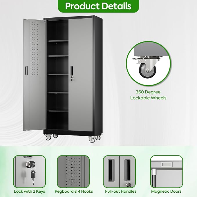 Garage Storage Cabinet with Pegboard and 5 Adjustable Shelves, Tool Storage - Image 8