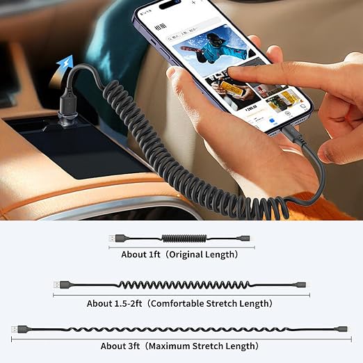 Coiled Lightning Cable 3FT for Car 2Pack, Stretchable iPhone Cord Fast Charging - Image 5