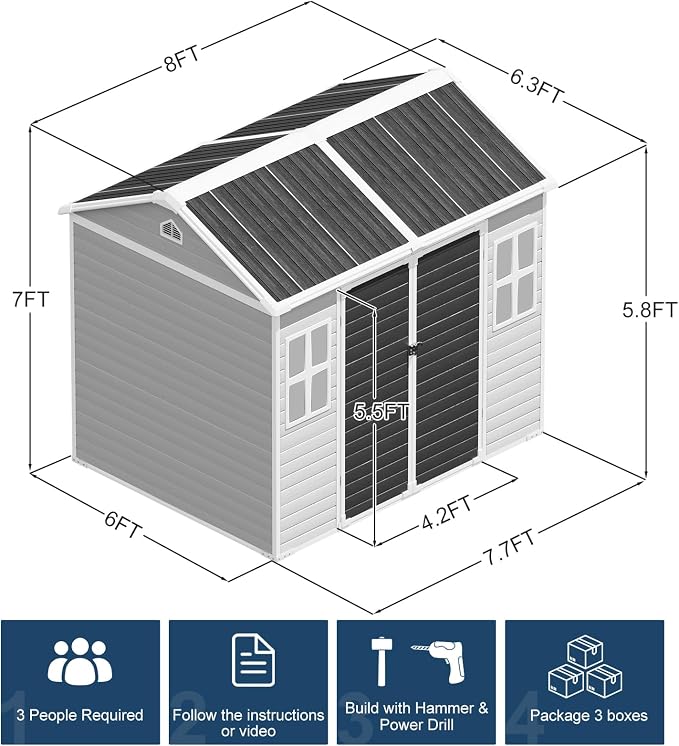 Resin Storage Shed with Floor 8x6x7 FT Outdoor Waterproof Wider Door Plastic - Image 2