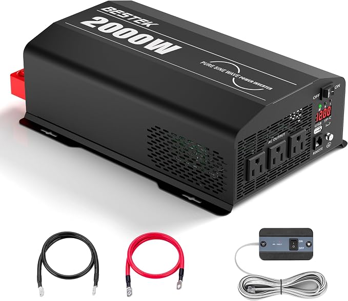 BESTEK 2000 Watt Pure Sine Wave Power Inverter, 12V DC to 110V/120V AC Inverter by BESTEK