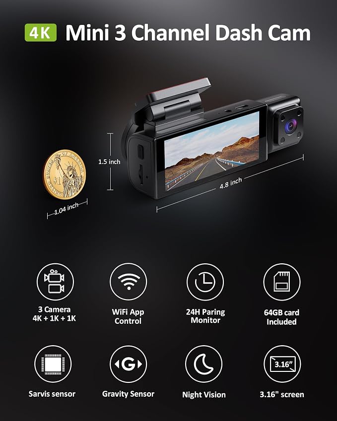 4K 3 Channel Dash Cam Front Rear Inside，STARVIS Sensor, 5GHz WiFi, 64GB Card - Image 2